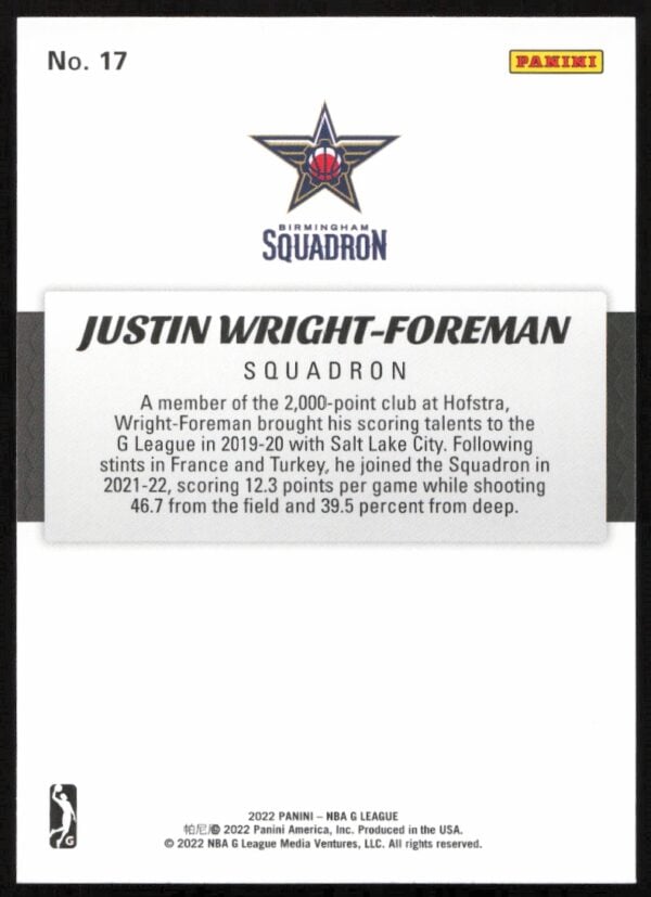 2021-22 Panini NBA G League Justin Wright-Foreman #17 (Back)