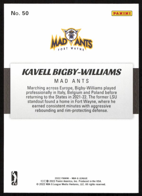 2021-22 Panini NBA G League Kavell Bigby-Williams #50 (Back)