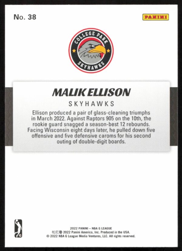 2021-22 Panini NBA G League Malik Ellison #38 (Back)