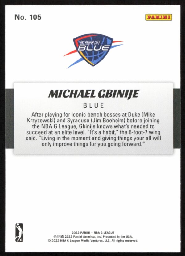 2021-22 Panini NBA G League Michael Gbinije #105 (Back)