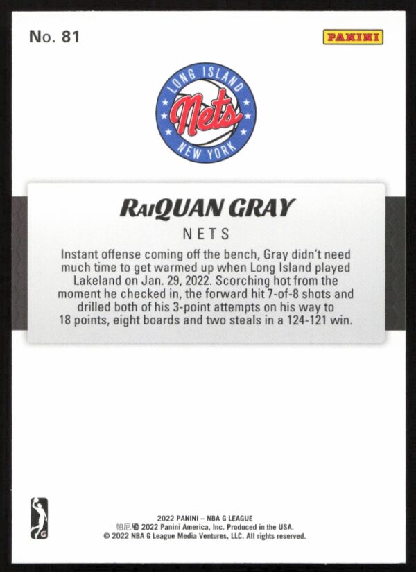 2021-22 Panini NBA G League RaiQuan Gray #81 (Back)