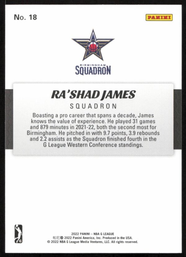 2021-22 Panini NBA G League Ra’shad James #18 (Back)