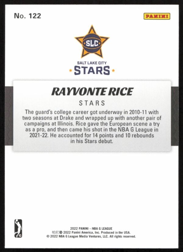 2021-22 Panini NBA G League Rayvonte Rice #122 (Back)