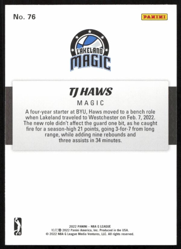 2021-22 Panini NBA G League TJ Haws #76 (Back)