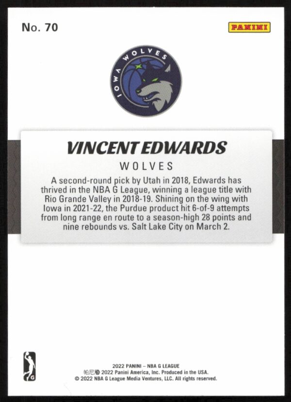 2021-22 Panini NBA G League Vincent Edwards #70 (Back)