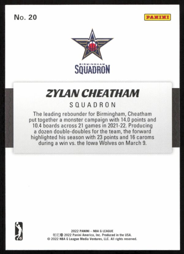 2021-22 Panini NBA G League Zylan Cheatham #20 (Back)