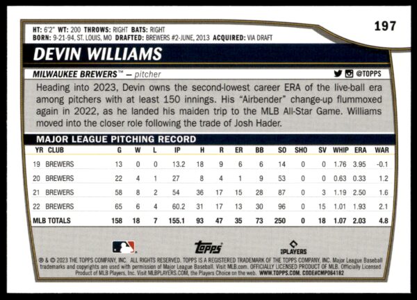 2023 Topps Big League Devin Williams #197 (Back)