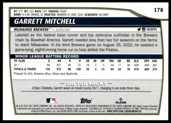 2023 Topps Big League Garrett Mitchell #178 (Back)