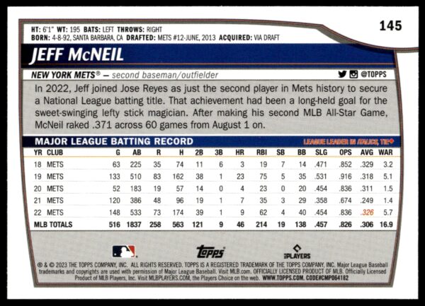 2023 Topps Big League Jeff McNeil #145 (Back)