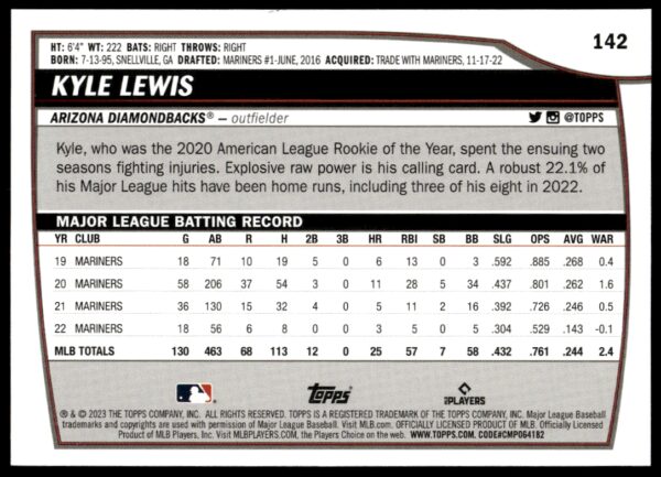 2023 Topps Big League Kyle Lewis #142 (Back)