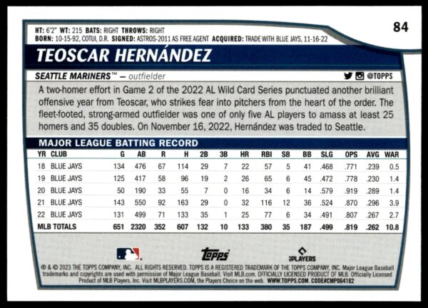 2023 Topps Big League Teoscar Hernández #84 (Back)