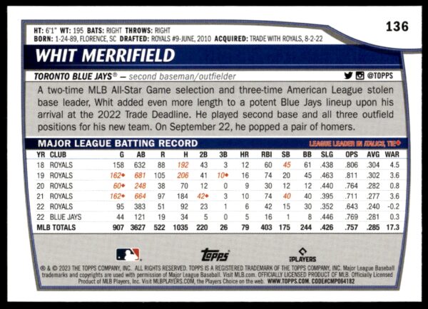 2023 Topps Big League Whit Merrifield #136 (Back)