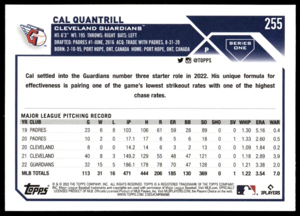 2023 Topps Series 1 Cal Quantrill #255 (Back)