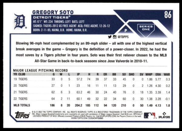 2023 Topps Series 1 Gregory Soto #86 (Back)