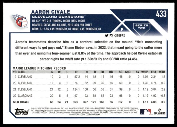 2023 Topps Series 2 Aaron Civale #433 (Back)