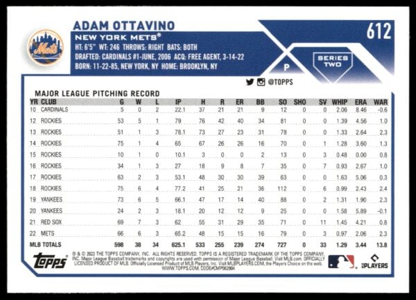 2023 Topps Series 2 Adam Ottavino #612 (Back)