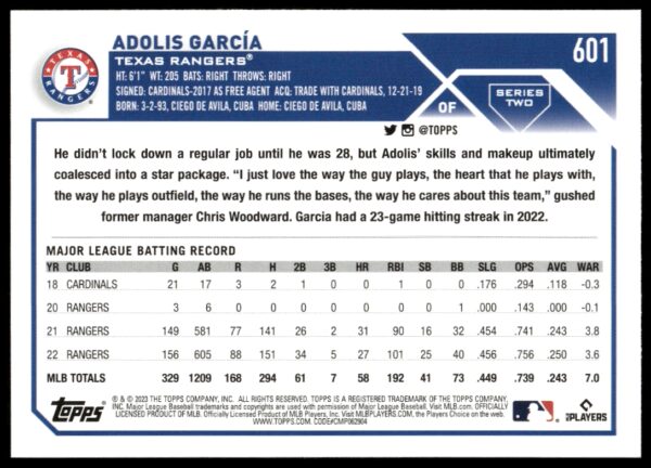 2023 Topps Series 2 Adolis Garcia #601 (Back)