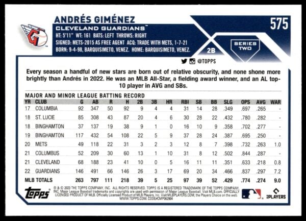 2023 Topps Series 2 Andres Gimenez #575 (Back)