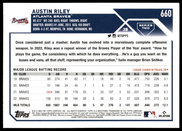 2023 Topps Series 2 Austin Riley #660 (Back)