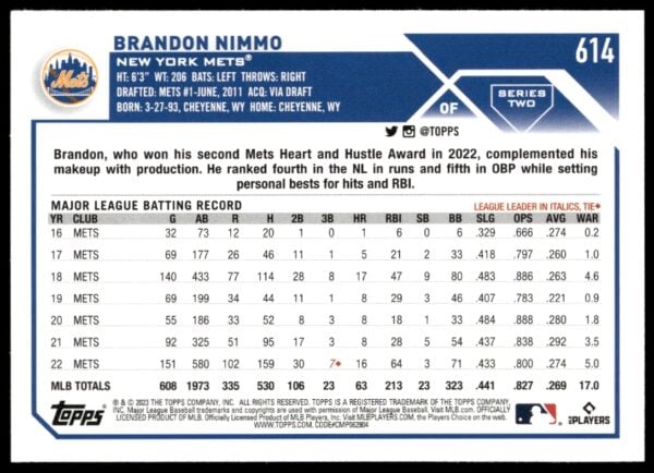 2023 Topps Series 2 Brandon Nimmo #614 (Back)