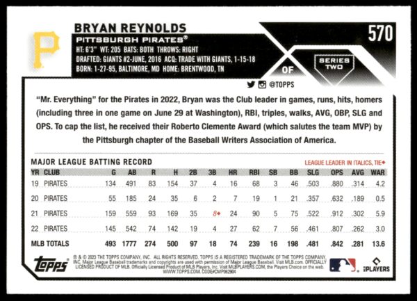 2023 Topps Series 2 Bryan Reynolds #570 (Back)