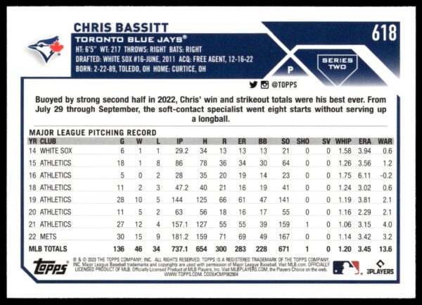 2023 Topps Series 2 Chris Bassitt #618 (Back)