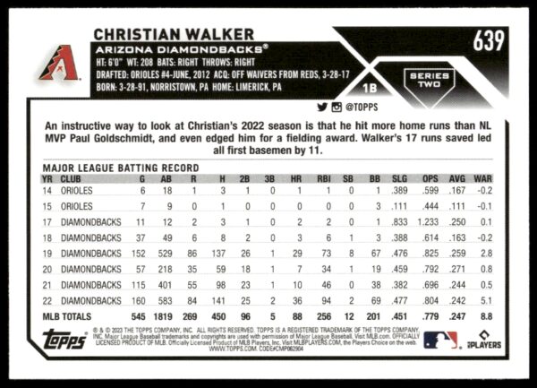 2023 Topps Series 2 Christian Walker #639 (Back)