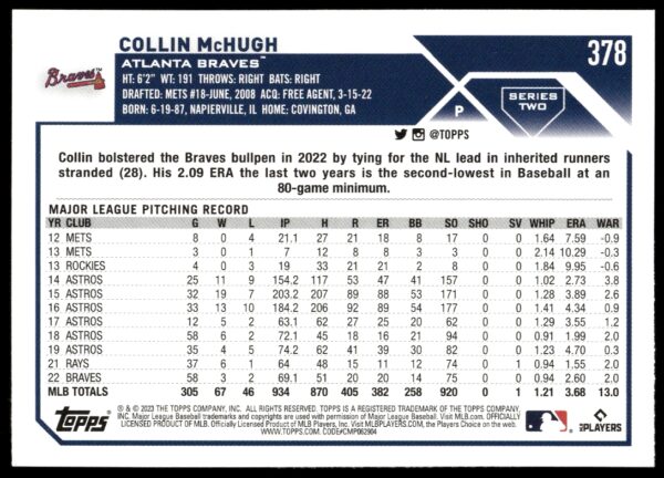 2023 Topps Series 2 Collin McHugh #378 (Back)