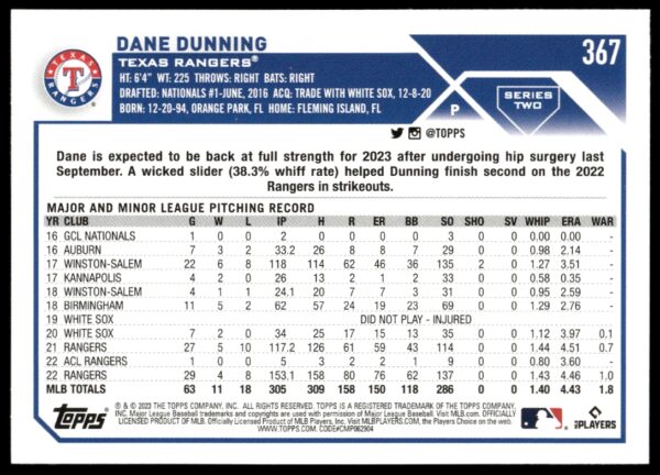 2023 Topps Series 2 Dane Dunning #367 (Back)