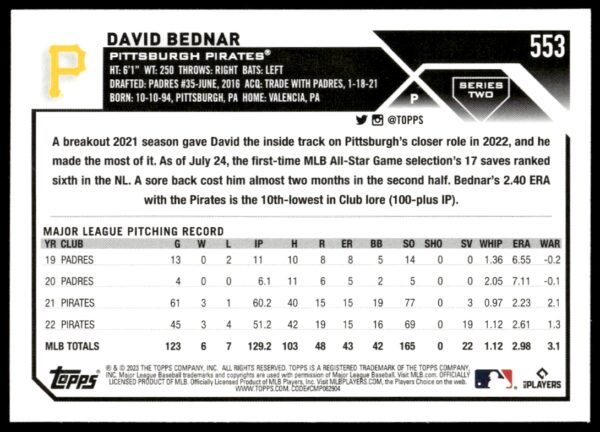 2023 Topps Series 2 David Bednar #553 (Back)