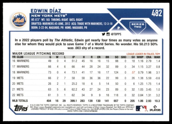 2023 Topps Series 2 Edwin Díaz #482 (Back)