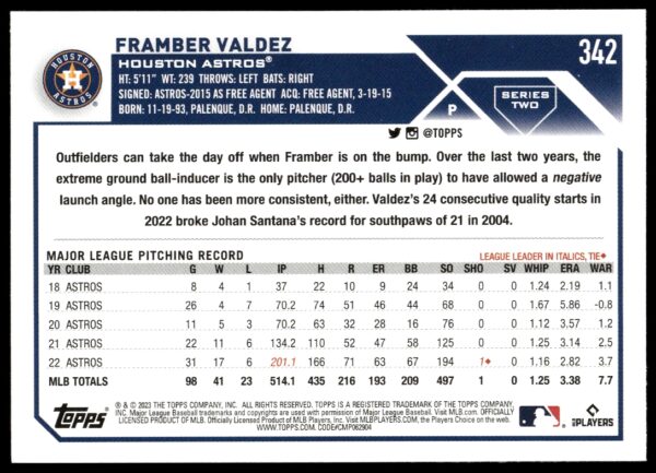 2023 Topps Series 2 Framber Valdez #342 (Back)