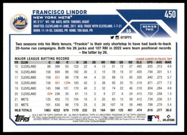 2023 Topps Series 2 Francisco Lindor #450 (Back)