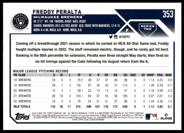 2023 Topps Series 2 Freddy Peralta #353 (Back)