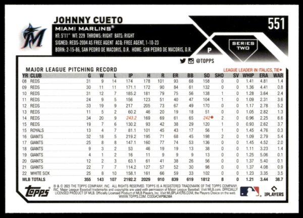 2023 Topps Series 2 Johnny Cueto #551 (Back)