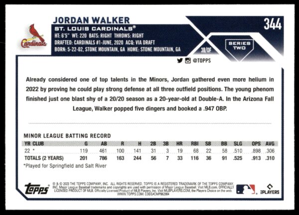 2023 Topps Series 2 Jordan Walker #344 (Back)