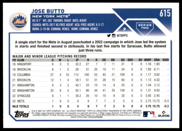 2023 Topps Series 2 Jose Butto #615 (Back)