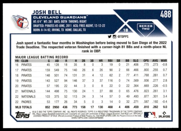 2023 Topps Series 2 Josh Bell #488 (Back)