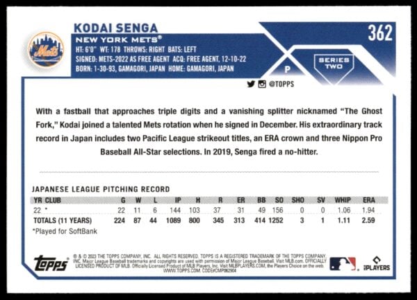 2023 Topps Series 2 Kodai Senga #362 (Back)