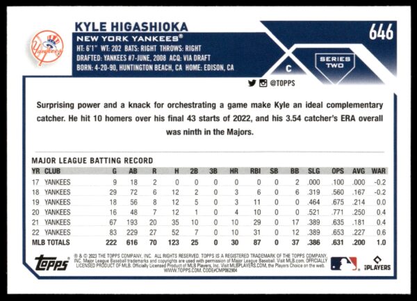 2023 Topps Series 2 Kyle Higashioka #646 (Back)