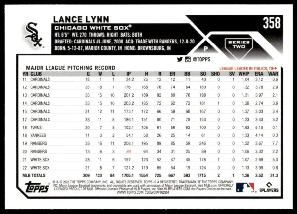 2023 Topps Series 2 Lance Lynn #358 (Back)