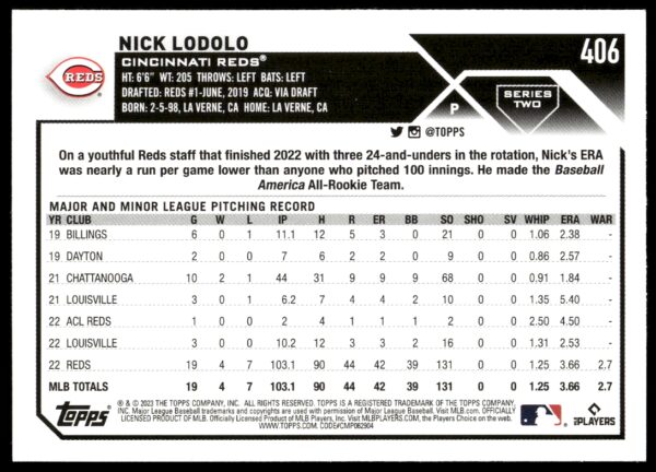 2023 Topps Series 2 Nick Lodolo #406 (Back)