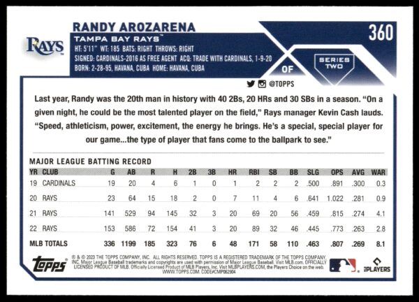 2023 Topps Series 2 Randy Arozarena #360 (Back)