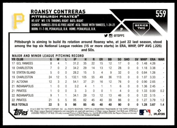 2023 Topps Series 2 Roansy Contreras #559 (Back)