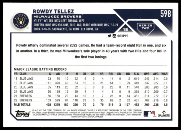 2023 Topps Series 2 Rowdy Tellez #598 (Back)