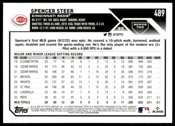 2023 Topps Series 2 Spencer Steer #489 (Back)