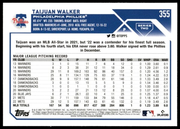 2023 Topps Series 2 Taijuan Walker #355 (Back)