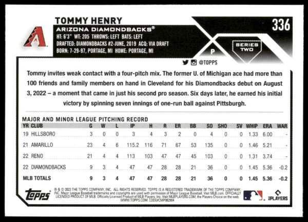 2023 Topps Series 2 Tommy Henry #336 (Back)