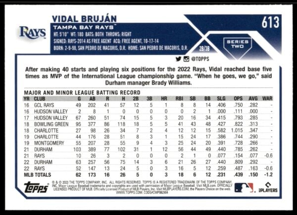 2023 Topps Series 2 Vidal Brujan #613 (Back)