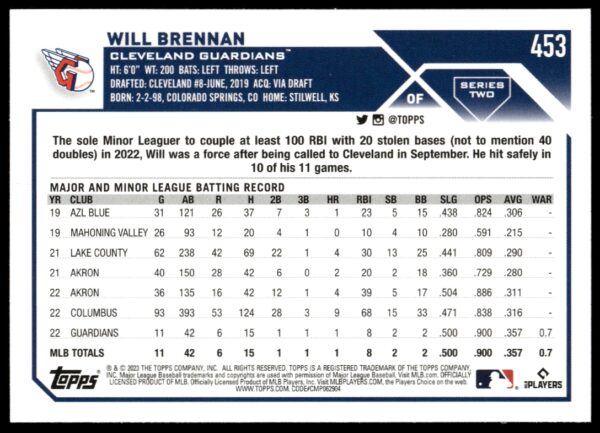 2023 Topps Series 2 Will Brennan #453 (Back)